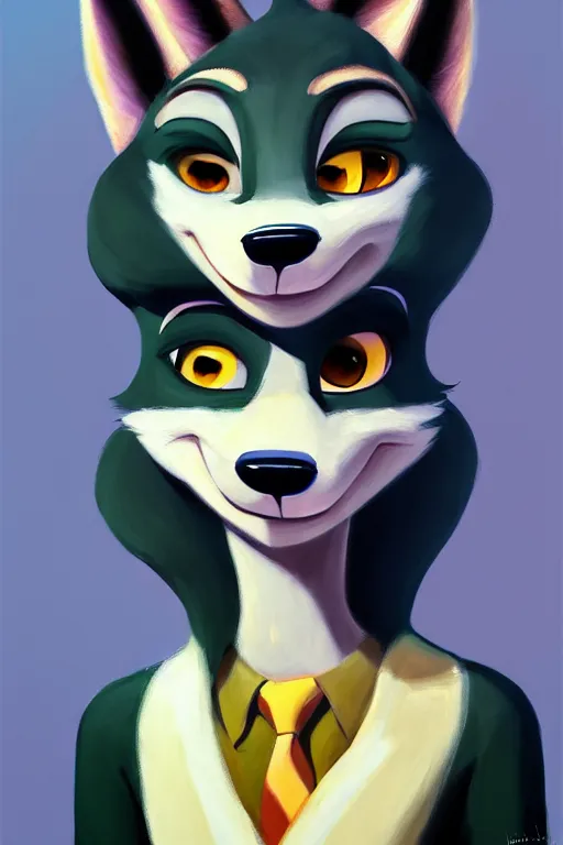 Image similar to oil painting of anthromorphic female wolf, in style of zootopia, female fursona, furry, furaffinity, 4 k, deviantart, furry art, fursona art, wearing black business suit, business suit, wolf fursona, female, very expressive detailed feminine face,