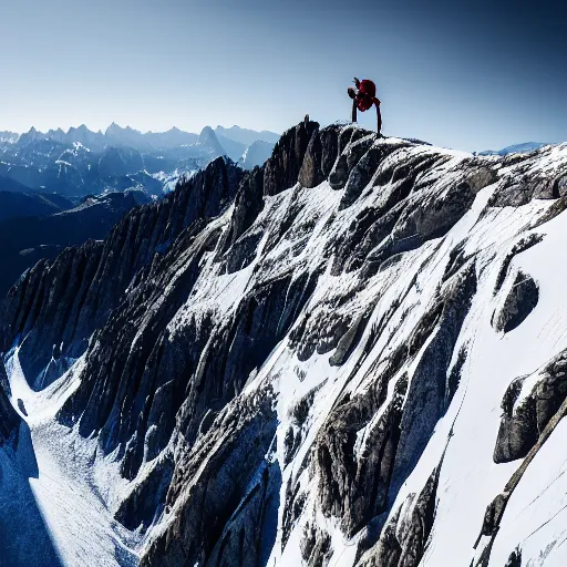 Prompt: 4k award winning photo of a lone man scaling a high peak in the alps