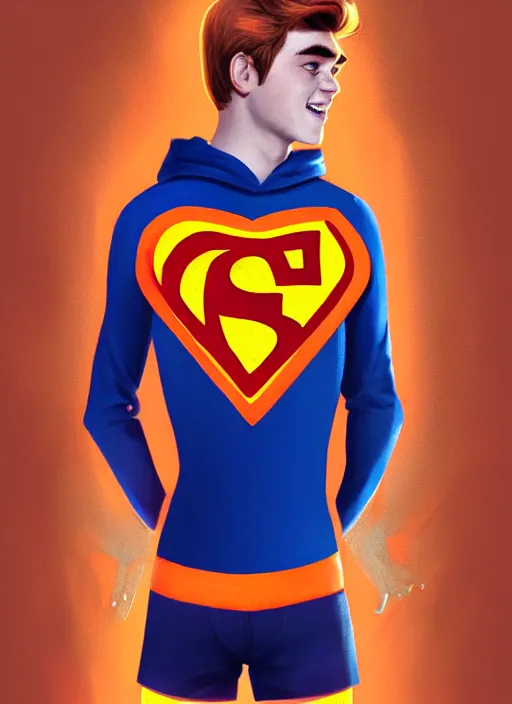 Image similar to friendly teenage archie andrews wearing an orange superhero costume with heart logo, heart, freckles, blue cape, heart emblem on chest, blue cape, intricate, elegant, glowing lights, highly detailed, digital painting, artstation, sharp focus, illustration, art by wlop, mars ravelo and greg rutkowski