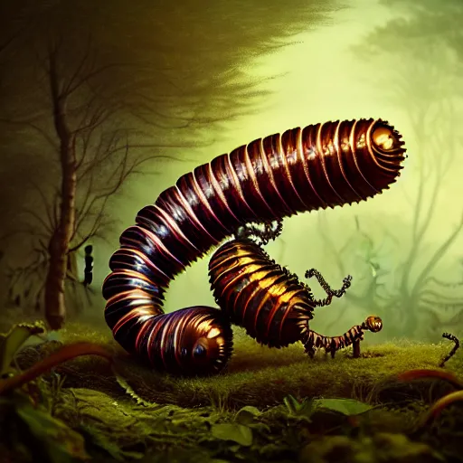 Image similar to Colour Caravaggio style photography of steampunk caterpillar in the forest, higly detailed caterpillar designed by Josan Gonzalez, many details, In style of Josan Gonzalez and Mike Winkelmann andgreg rutkowski and alphonse muchaand Caspar David Friedrich and Stephen Hickman and James Gurney and Hiromasa Ogura. Rendered in Blender, volumetric natural light