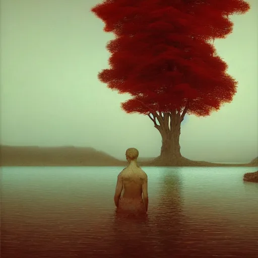 Prompt: landscape, shore of the lake, glowing red, by edgar maxence and ross tran, zdzisław beksinski, and michael whelan, distant, gustav dore, h. r. giger, 8 k, octane render