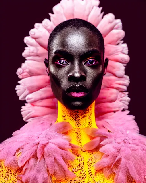 Image similar to hyperrealist highly intricate post-gothic portrait pink pearlescent exoskeleton beautiful black goddess concept art pascal blanche key sage dramatic yellow lighting 8k high angle shallow depth of field