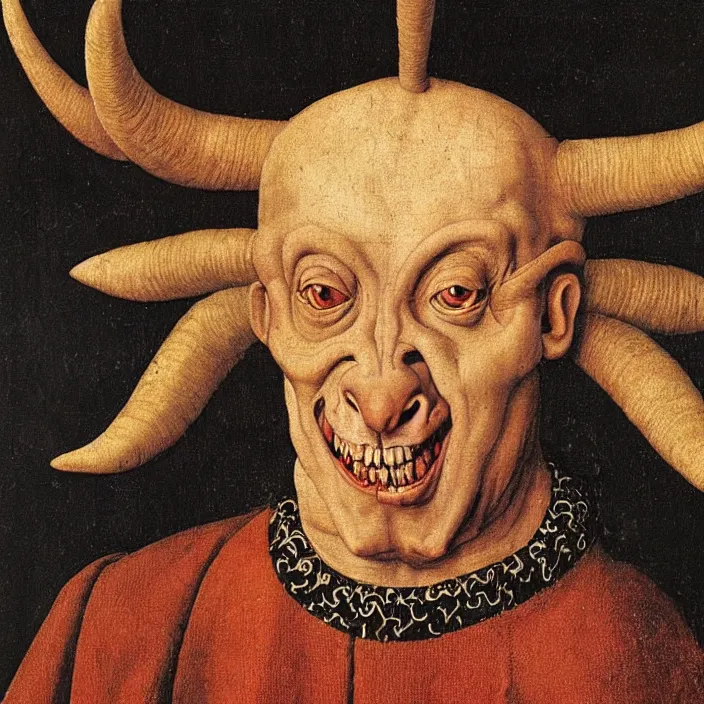 Image similar to close up portrait of an overdressed mutant monster creature with snout, horns, insect wings, unibrow, piercing eyes, toxic smile. jan van eyck, bosch