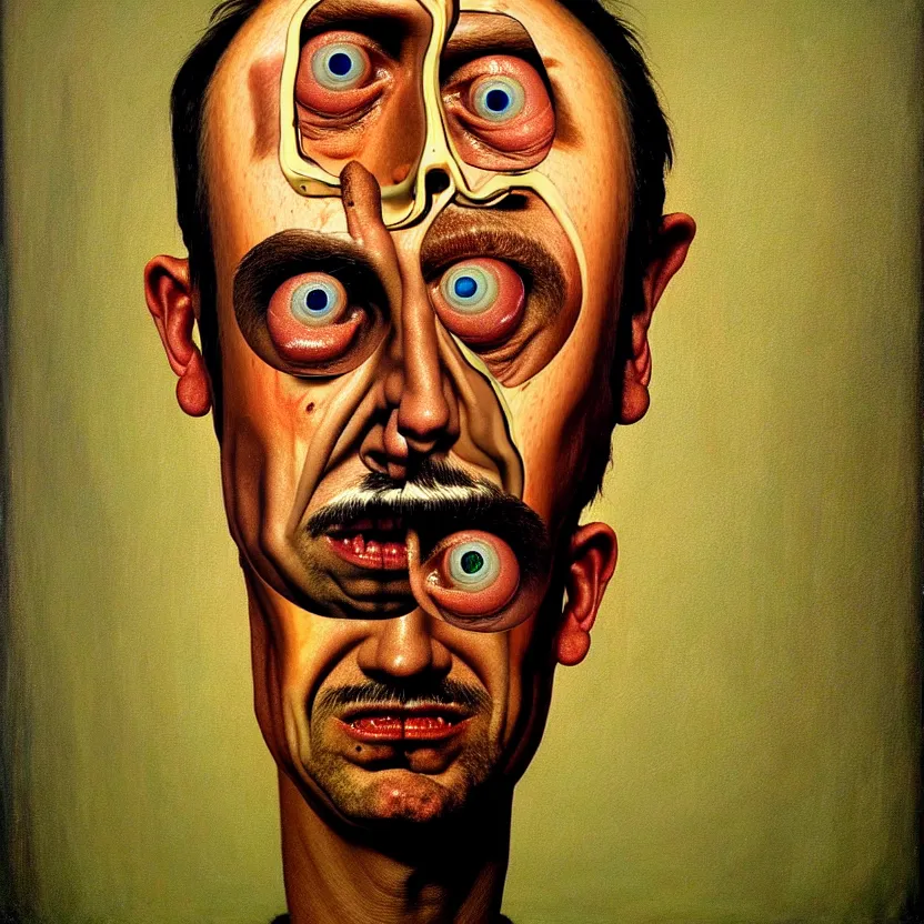 Image similar to a face coming out of a face coming out of a face, recursion, surreal, by salvador dali and david firth, oil on canvas, weird, dreams, soft lighting, warm colors