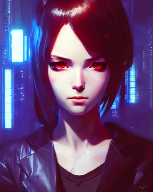 Image similar to a comic potrait of a cyberpunk cyborg girl with big and cute eyes, fine - face, realistic shaded perfect face, fine details. night setting. very anime style. realistic shaded lighting poster by ilya kuvshinov katsuhiro, artgerm, jeremy lipkin and michael garmash, unreal engine, radiant light, detailed and intricate environment