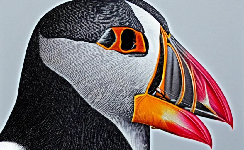 Prompt: a Photorealistic dramatic puffin bird by Alex Grey
