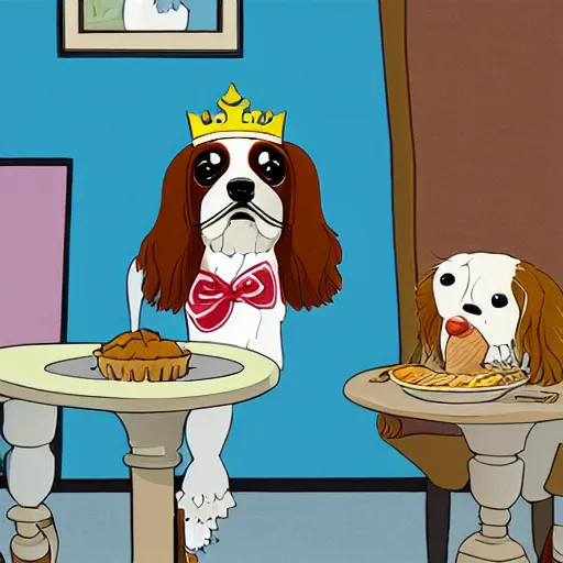 Prompt: king charles spaniel serving ice cream, ice cream store, by studio ghibli