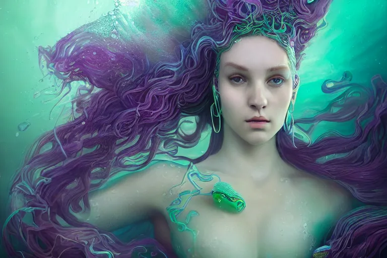 Image similar to tom bagshaw, ultra realist portrait waves miniatures underwater curiosities squids carnival, a single very beautiful enchantress long hairs in full underwater mermaid armor, symmetry accurate features, focus, very intricate ultrafine details, green purple aqua volumetric lights, award winning masterpiece, octane render 8 k hd