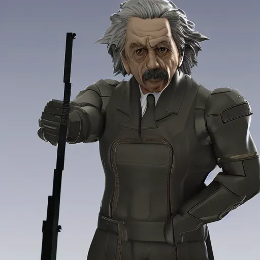 Prompt: Albert Einstein as a Metal Gear Solid Villain 2005 JRPG cinema 4d render, Ray tracing reflection, natural lighting, Unreal Engine award winning photography