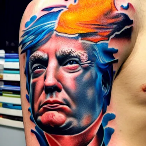 Image similar to tattoo of donald trump holding the universe, black, blue orange, and white ink, detailed, hyperrealistic trending on artstation