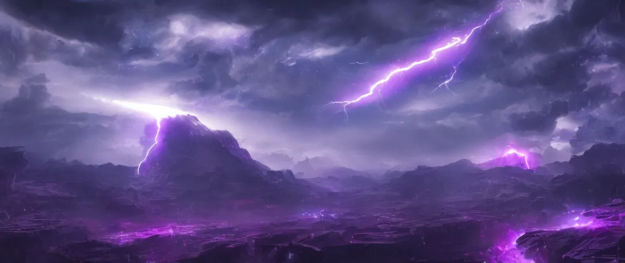 Prompt: purple lightning in space, stars, nebula, matte painting, futuristic, sci fi, style of tim barton digital painting, trending on artstation, high detail, volumetric lighting, godrays