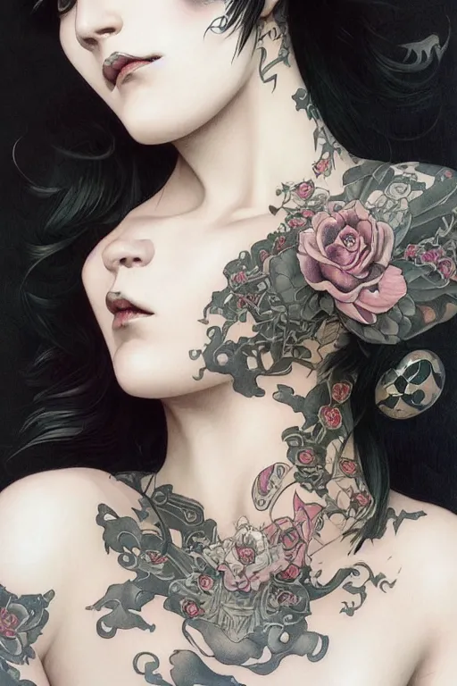 Image similar to portrait of goth yakuza girl tattoos, piercing, intricate, elegant, highly detailed, digital painting, artstation, concept art, smooth, sharp focus, illustration, art by artgerm and greg rutkowski and alphonse mucha and william-adolphe bouguereau