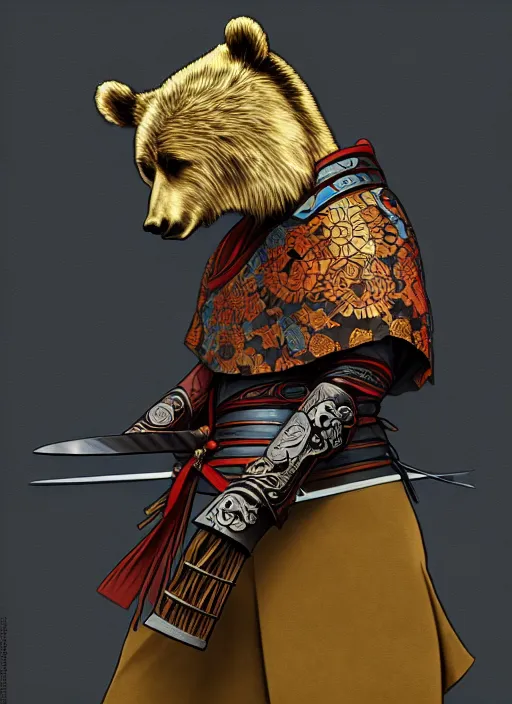 Prompt: anthropomorphic samurai bear, dramatic pose, diffuse lighting, fantasy, intricate, highly detailed, lifelike, photorealistic, digital painting, artstation, illustration, concept art, smooth, sharp focus, art by alphonse mucha