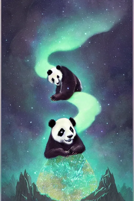 Prompt: panda in the silver night, rock color, aurora element, cosmic nebula, metallic texture, astral plane, by edmund dulac and peter mohrbacher and ellen jewett and dan mumford, trending on cgsociety, light effec, c 4 d