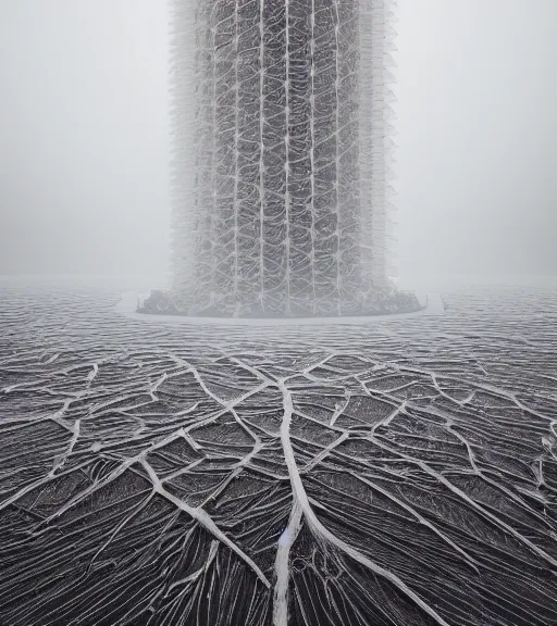 Image similar to surreal tower made of white crystalized aerial iridecent veins, inverted white roots in the floor, in the desert, foggy sky, dark night, octane render, unreal engine, pale colors, high detail, 8 k, wide angle, trending on artstation, behance