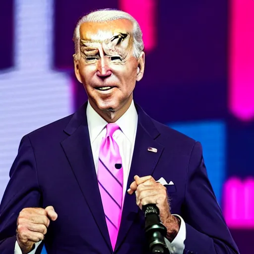 Image similar to photo of joe biden wearing a pink outfit singing into a microphone on a stage at a live concert, exciting, 8 k, very detailed,