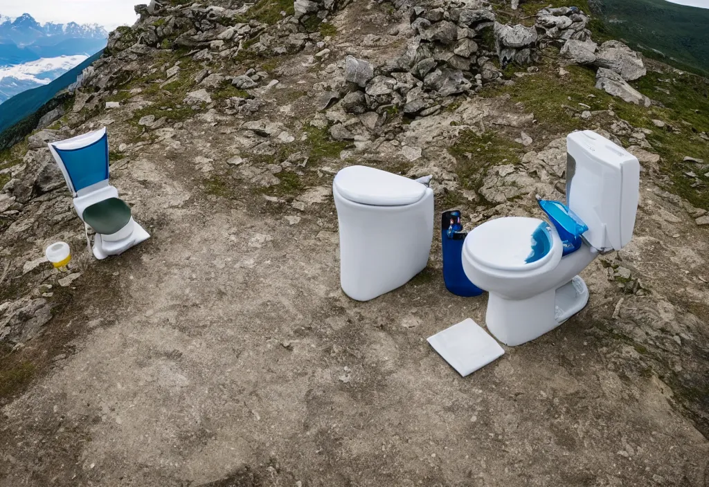 Prompt: a toilette on the top of a mountain