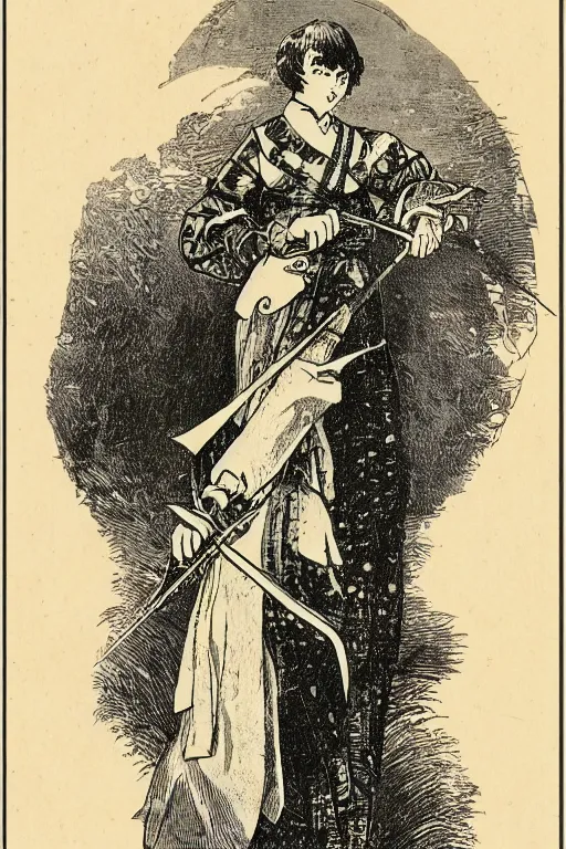 Prompt: 19th century wood-engraving of Ryūko Matoi cosplayer holding Scissor Blade, whole page illustration from Jules Verne book, art by Édouard Riou Jules Férat and Henri de Montaut, high quality, beautiful, removed watermarks
