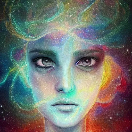 Prompt: beautiful detailed artistic portrait of a person travelling between different astral planes. the universe observing itself. grainy and rough. fine detail. soft colour scheme. artistic painting by lurid ( 2 0 2 2 ). featured on deviantart.