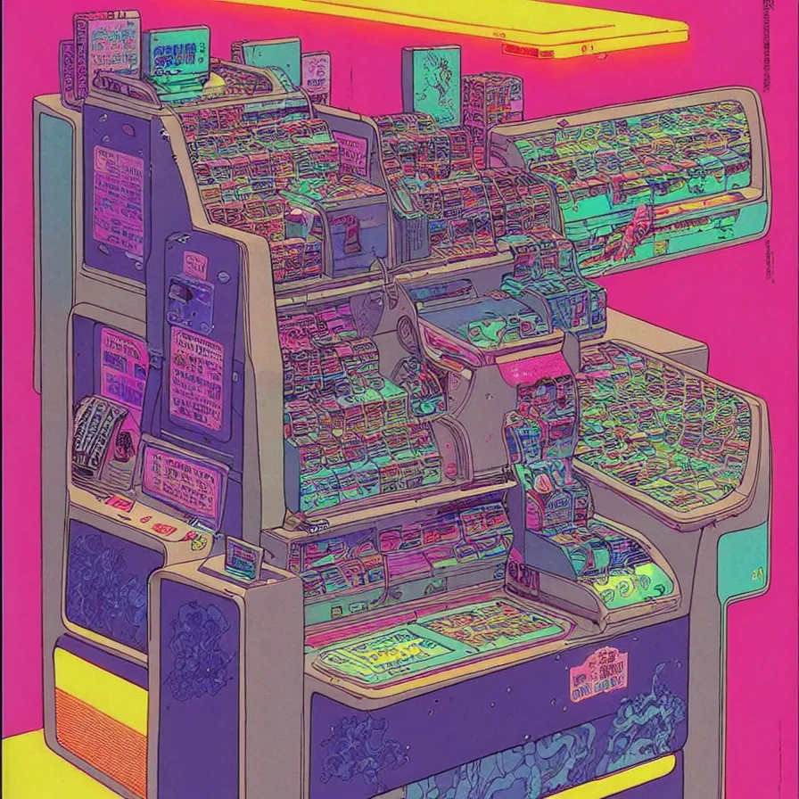 Image similar to ( ( ( ( cyberpunk convenience store cash register ) ) ) ) by mœbius!!!!!!!!!!!!!!!!!!!!!!!!!!!, overdetailed art, colorful, artistic record jacket design