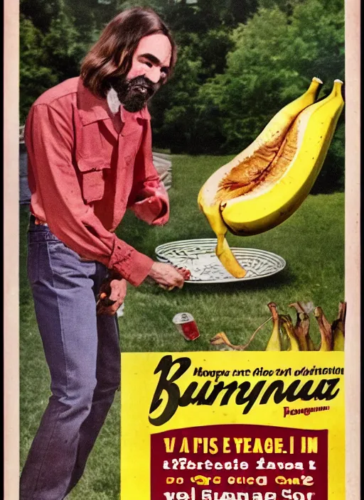 Image similar to vintage home barbecue advertisement depicting charles manson slipping on a banana peel