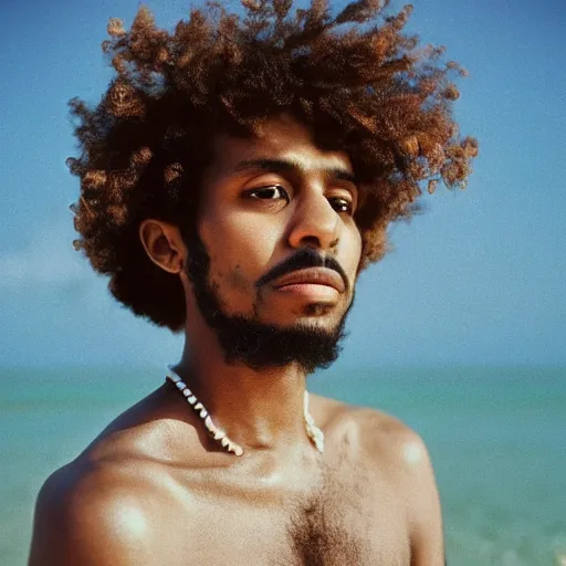 Image similar to somali male, curly hair, portrait, vintage, water, on beach, nostalgic, nature, dreamy, pastel, studio ghibli, thoughtful, wise, intricate details, shot in 1 9 8 0 s