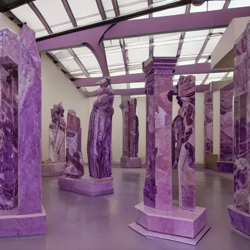 Prompt: purple marble museum sculpture, symbolic representation, in a large hall, ambient lighting, museum catalog photograph