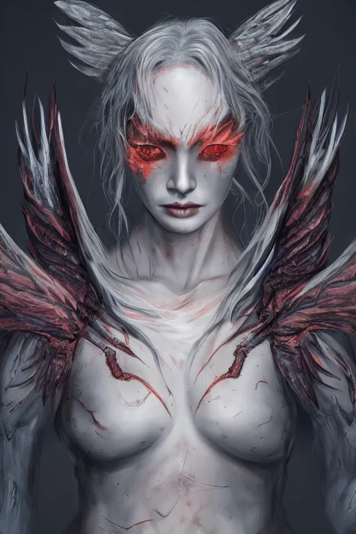 Image similar to character design, female wraith rising from ember ashes, tattered demonic wings, ultra detailed, digital art, 8k ,character ,realistic, portrait, hyperrealistic
