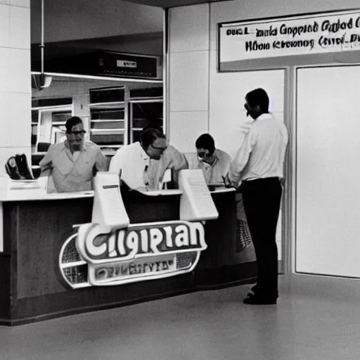 Image similar to photograph of 4 old men wearing white polo shirts and black khaki pants working behind the counter of an enterprise rent - a - car in 1 9 7 5