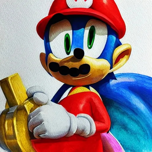 Image similar to Sonic in the style of Mario, with a mustache, beautiful watercolor art drawing, in the style of artist Simon Stalenhag s-90 - C 7