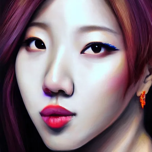 Prompt: Realistic painting of Mina from Twice, drinking champagne, side profile, intricate detail, realistic face, digital art, 4k, realism