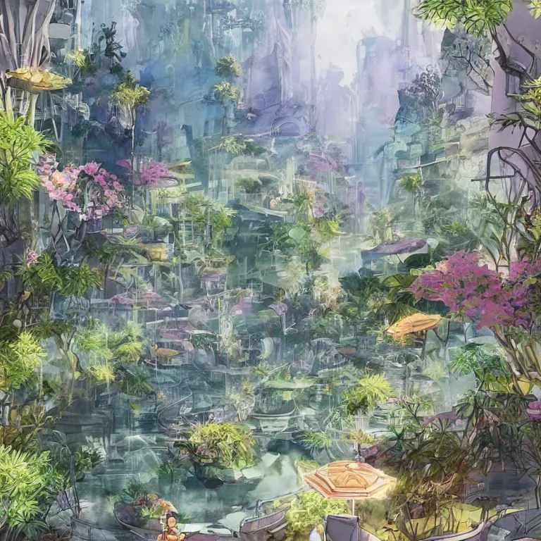 Image similar to Beautiful happy picturesque charming sci-fi city in harmony with nature. Beautiful light. Water and plants. Nice colour scheme, soft warm colour. Beautiful detailed watercolor by Lurid. (2022)