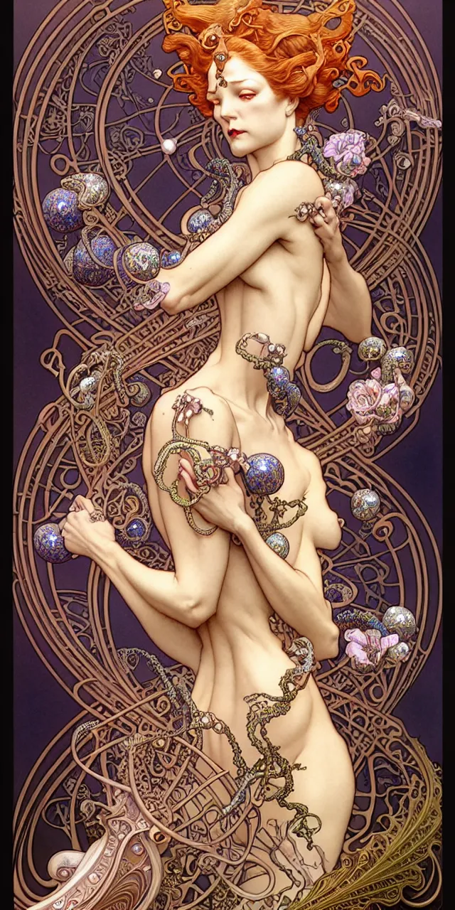 Prompt: beautiful art nouveau fantasy character portrait, ultra realistic, intricate details, the fifth element artifacts, highly detailed by peter mohrbacher, hajime sorayama, wayne barlowe, boris vallejo, aaron horkey, gaston bussiere, craig mullins alphonse mucha, art nouveau curves swirls and spirals, flowers pearls beads crystals jewelry goldchains scattered