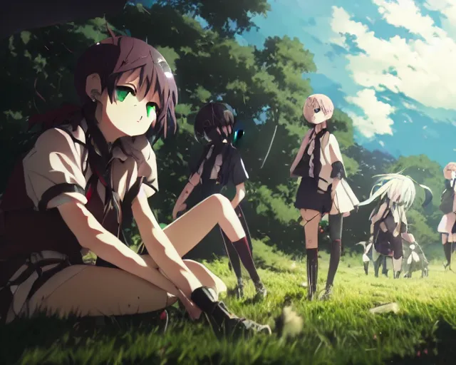 Prompt: the aftermath of a battle in a field anime key visual, official media, illustrated by wlop, extremely detailed, 8 k, trending on pixiv, cinematic lighting, beautiful