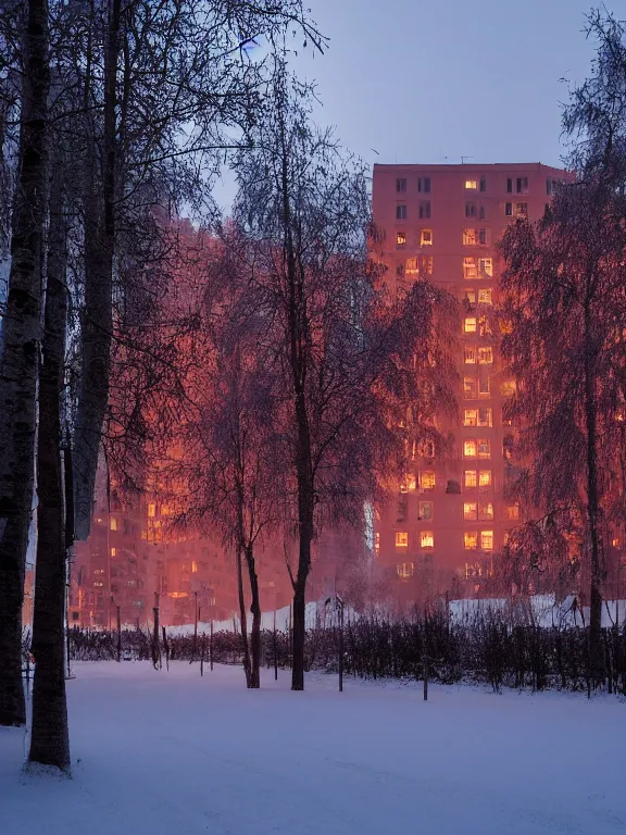 Image similar to award - winning photo of low soviet residential building in russian suburbs, lights are on in the windows, deep night, post - soviet courtyard, cozy atmosphere, winter, heavy snow, light fog, streetlamps with orange light, volumetric light, several birches nearby, elderly people stand at the entrance to the building