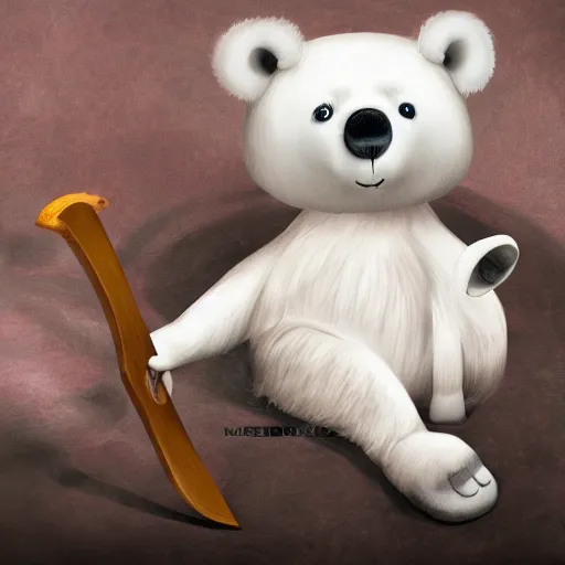 Prompt: cute porcelain doll ice bear with axe in san fransisco, mark ryden style, vivid colors, high details, cinematic, 8 k resolution, beautiful detailed, photorealistic, digital painting, dark atmosphere, artstation, concept art, smooth, sharp focus, illustration, fantasy background, artstation trending, octane render, unreal engine