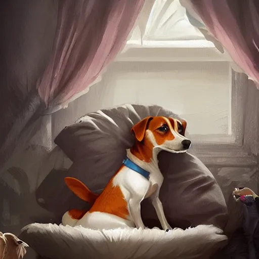 Prompt: adorable jack russel terrier laying in dog bed, in the livingroom, fantasy art, artstation character design contest winner, trending on cgsociety, concept art, speedpaint, beautiful digital art, jesper ejsing, james jean, justin gerard, fenghua zhong, makoto shinkai, highly detailed