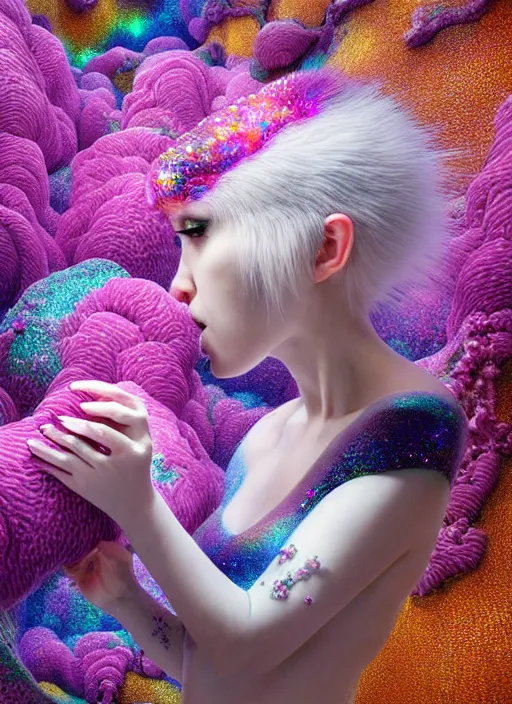 Image similar to hyper detailed 3d render like a Oil painting - kawaii portrait Aurora (white haired Singer Ferret) seen Eating of the Strangling network of yellowcake aerochrome and milky Fruit and Her delicate Hands hold of gossamer polyp blossoms bring iridescent fungal flowers whose spores black the foolish stars by Jacek Yerka, Mariusz Lewandowski, Houdini algorithmic generative render, Abstract brush strokes, Masterpiece, Edward Hopper and James Gilleard, Zdzislaw Beksinski, Mark Ryden, Wolfgang Lettl, hints of Yayoi Kasuma, octane render, 8k