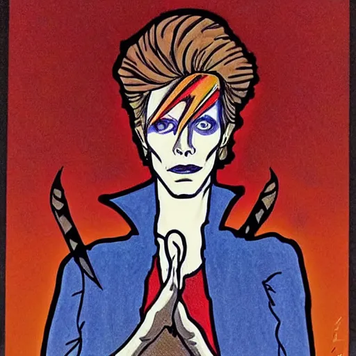 Image similar to david bowie as aladdin sane, mucha style,