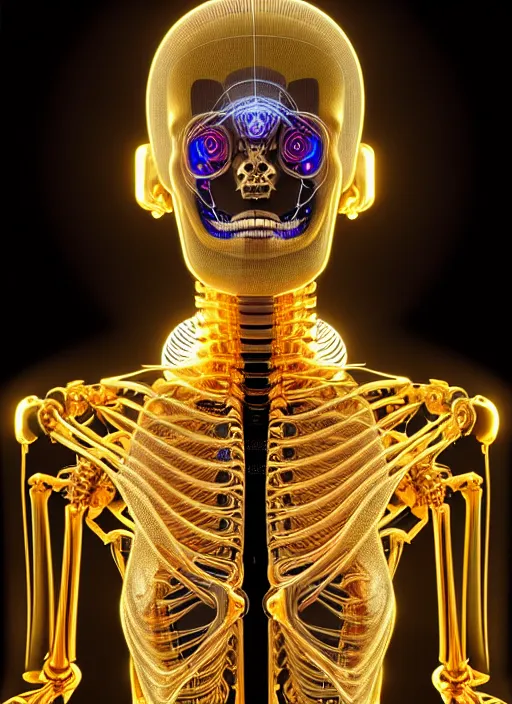 Prompt: full body rendering of a futuristic female golden mechanical skeleton with human face, wires, glowing internal light, hyperdetailed illustration by alex grey, intricate linework, faberge, intricate gold linework, dark atmosphere, unreal engine 5 highly rendered, global illumination, radiant light, detailed and intricate environment