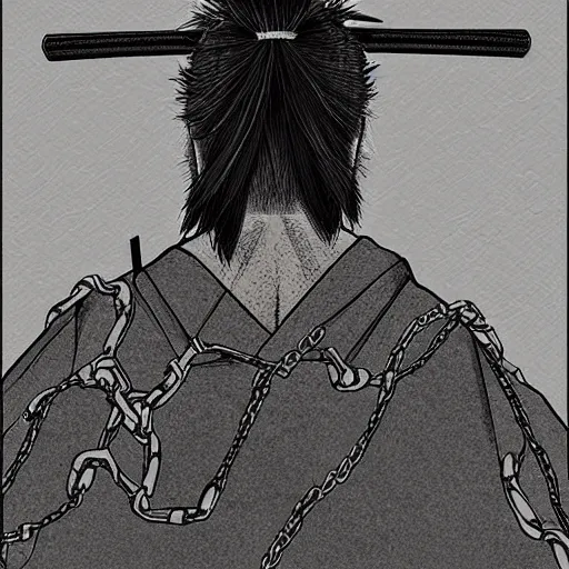 Image similar to a portrait from behind of a samurai man vagabond that holds chains, detailed, illustration, concept art, ink style, sketch