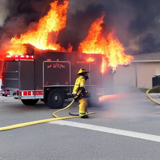 Prompt: a firefighter using a flamethrower on a dumpster fire