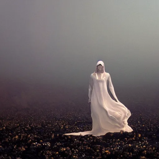 Image similar to The full body shot of beautiful pale woman with white flowers and full-face golden mask inside a thick black smoke in rocky desert landscape, glowing eyes everywhere, burning earth by Gaspar Noe and Christopher Doyle, anamorphic lens, anamorphic lens flares, kodakchrome, cinematic composition, practical effects, award winning photo, 8k