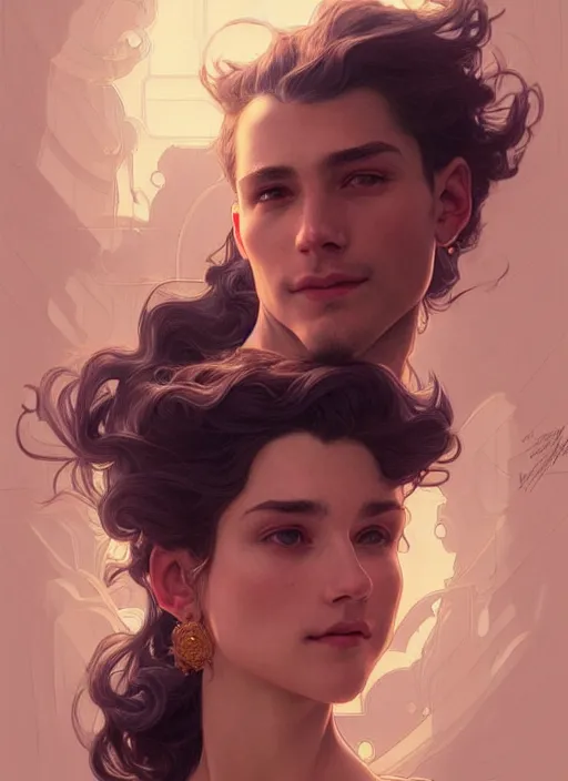 Image similar to portrait of young man and a woman, perfection, beautiful hair, symmetrical! intricate, elegant, highly detailed!! smile, digital painting, artstation, concept art, smooth, sharp focus, illustration, art by artgerm and greg rutkowski and alphonse mucha