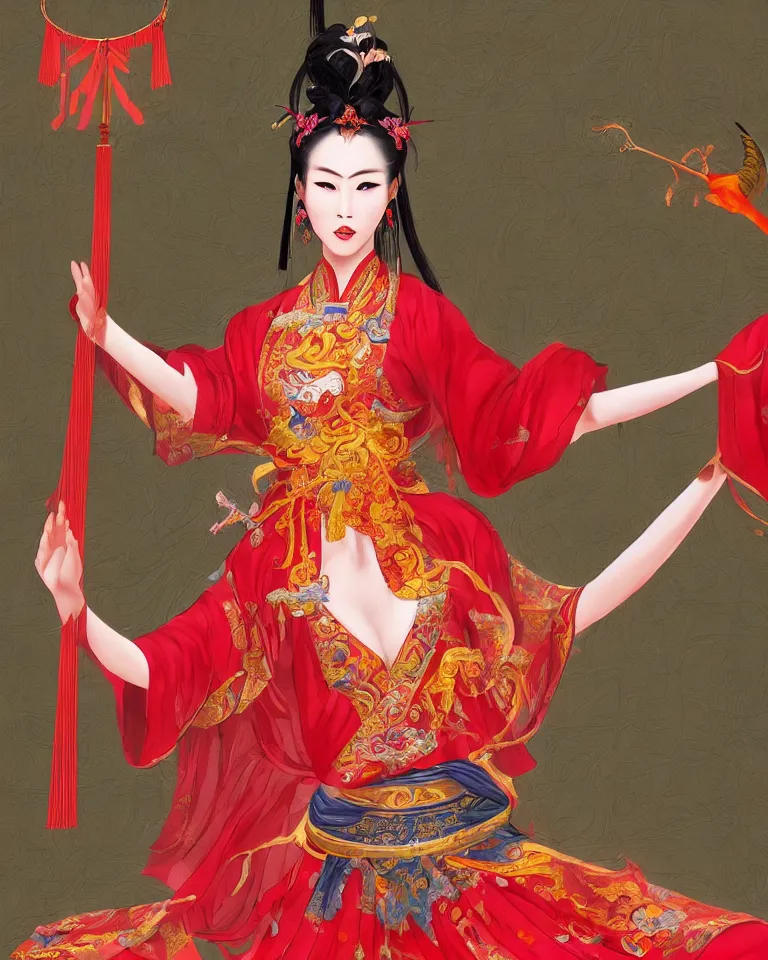 Prompt: a goddess in chinese mythological dance in the air, tang dynasty costume, silk streamers, gorgeous, tarot card, red background, unreal engine, artstation