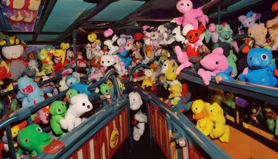 Image similar to 1990s photo of inside the Haunted Beanie Babies ride at Universal Studios in Orlando, Florida, riding a Beanie Baby through a haunted world , cinematic, UHD