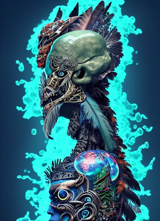 Image similar to 3 d shaman with tattoos profile portrait, sigma 5 0 0 mm f / 5. beautiful intricate highly detailed quetzalcoatl skull and feathers. bioluminescent, plasma, lava, ice, water, wind, creature, thunderstorm! artwork by tooth wu and wlop and beeple and greg rutkowski, 8 k trending on artstation,