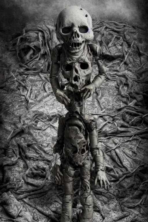 Prompt: a photograph of a haunted creepy doll photographs in a desolate nuclear apocalypse, ectoplasm, very creepy, skull, bones, possessed, atmospheric, dark derelict environment, highly detailed, epic scene