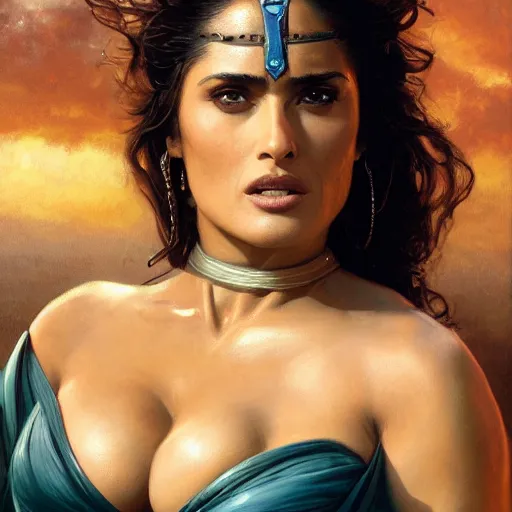 Image similar to a portrait of Salma Hayek as a barbarian, detailed, centered, digital painting, artstation, concept art, donato giancola, Joseph Christian Leyendecker, WLOP, Boris Vallejo, Breathtaking, 8k resolution, extremely detailed, beautiful, establishing shot, artistic, hyperrealistic, beautiful face, octane render