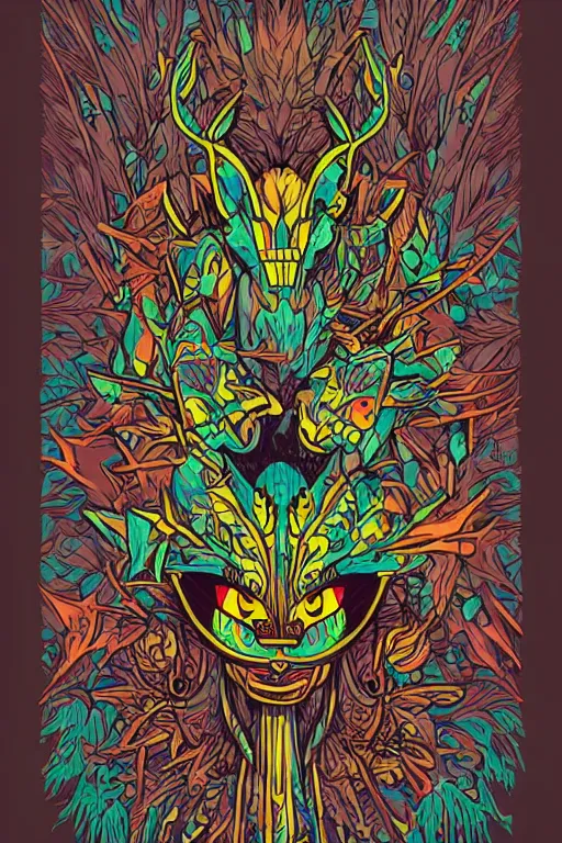 Image similar to animal mask totem roots flower tribal feather gemstone plant wood rock shaman vodoo video game vector cutout illustration vivid multicolor borderlands comics by josan gonzales and dan mumford radiating a glowing aura